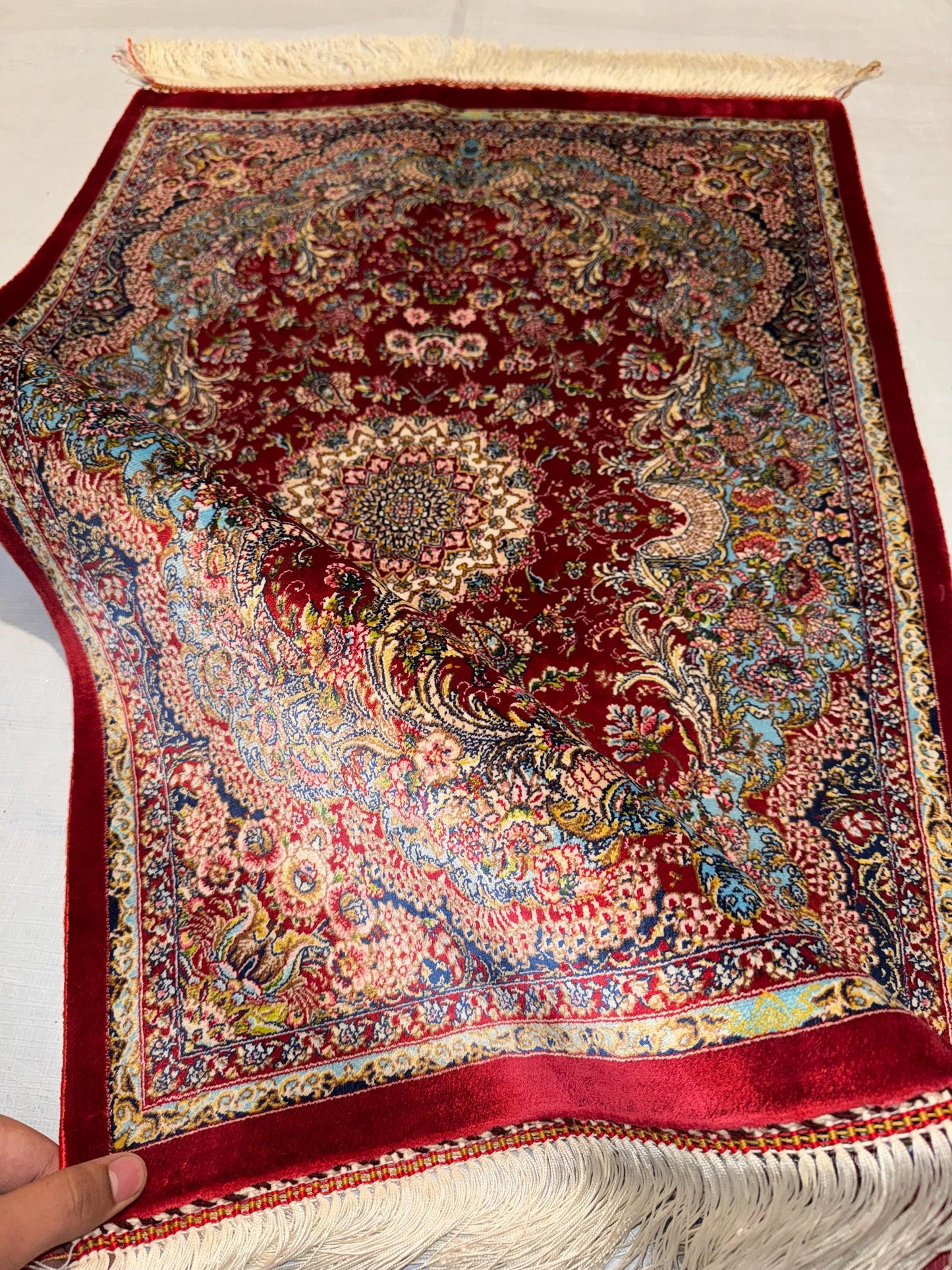 Small Red Silk Persian Rug | Small Rug for Wall Hanging | Luxury Oriental Floral Carpet,Luxury Red Silk Wall Hanging,Oriental Small Silk Rug