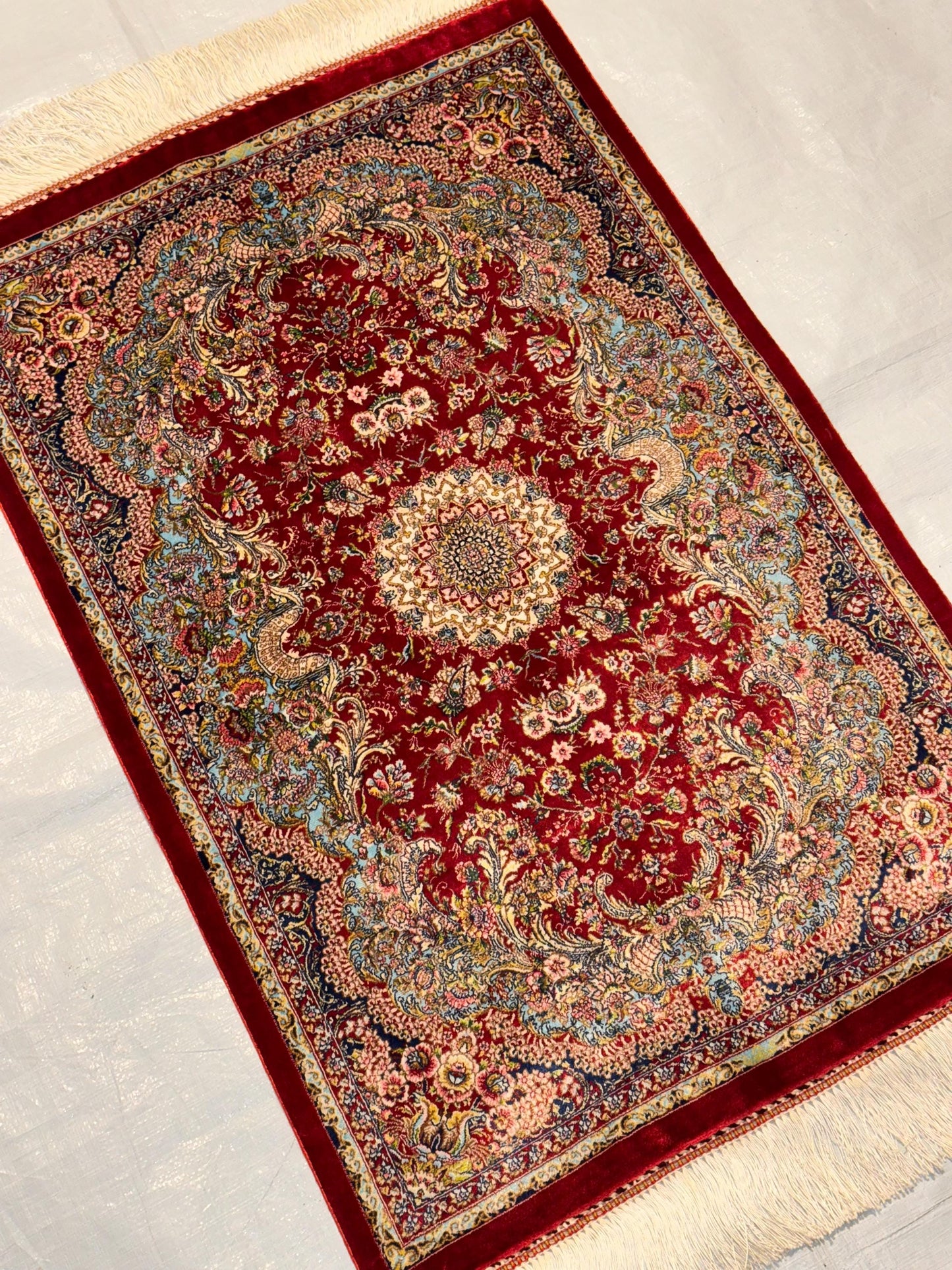 Small Red Silk Persian Rug | Small Rug for Wall Hanging | Luxury Oriental Floral Carpet,Luxury Red Silk Wall Hanging,Oriental Small Silk Rug