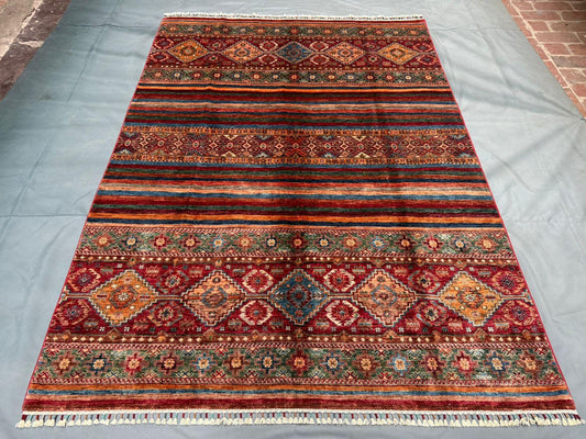 5x8 Handmade Red Khorjin Oriental Rug | Colorful Tribal Carpet | Persian Bohemian Area Rug,Traditional Khorjin Rug,Khorjin Style Wool Rug.