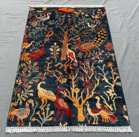 Handmade Wool Rug with Vibrant Bird and Tree Design,Vintage-Style Blue 3x4 Handmade Garden of Babylon Inspired Rug,Handwoven Artistic Rug.