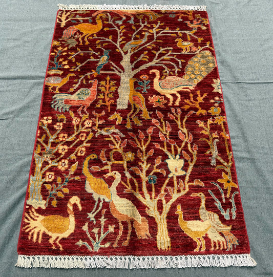 Handmade Red Persian Rug with Bird and Tree Design–Artisan Craft,Unique Handmade Rug Featuring Birds and Tree of Life Design,3x4 bedroom rug