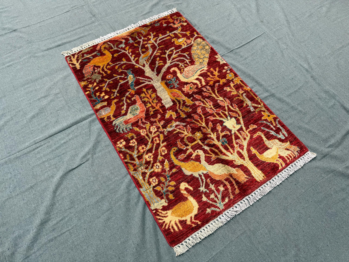 Handmade Red Persian Rug with Bird and Tree Design–Artisan Craft,Unique Handmade Rug Featuring Birds and Tree of Life Design,3x4 bedroom rug