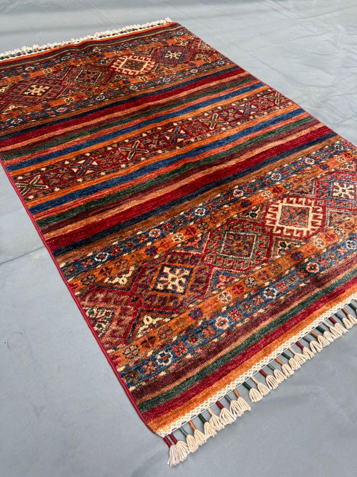 Small Handmade Red Khorjin Design Wool Rug| 2x4 Luxury Tribal Striped Carpet | Bohemian Area Rug,Persian Tribal Floor Rug,Khorjin Style Rug,