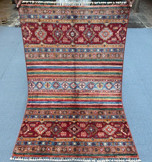 Handmade Khorjin Rug –Multicolor Striped Wool Design,Traditional Handmade Khorjin Area Rug – Vibrant Persian Style,3x5 Small living room rug