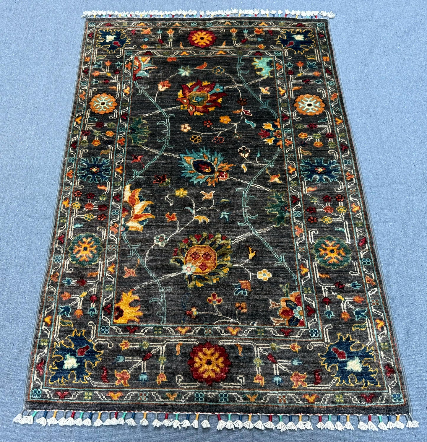 Handmade Sultani Rug – Dark Floral Wool Area Rug,Persian Floral Design,Bold Dark Tones,Multicolor Floral Pattern,3x4 Small living room rug