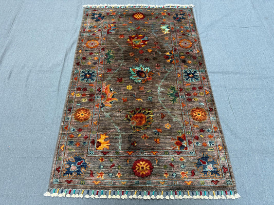 Handmade Small Afghan Brown Sultani Rug-Floral Pattern Vintage-Inspired area rug,Multicolor Floral Pattern,3x4 Small living room rug