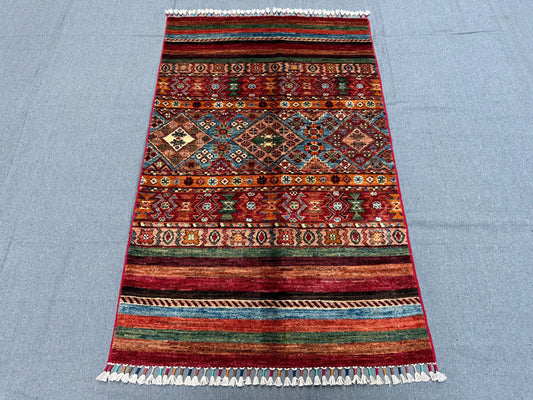 3x4 Handmade Multicolor Colorful Rug–Vintage-Style Afghan rug,Handmade Small Oriental Area Rug – Vibrant Persian Style,3x4 living room rug.