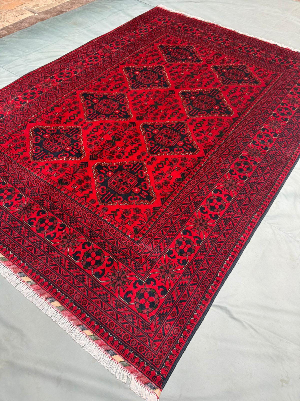 Handmade Red Kalisa Pattern Wool Rug| Red Afghan Rug with Geometric Patterns| Boho Area Rug, | Handwoven Wool rug | Vibrant Red Tribal Decor