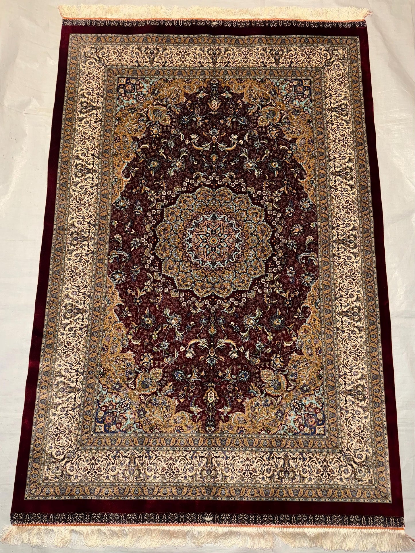 Traditional Persian Silk Rug| Burgundy and Ivory rug with Intricate Design,Artisan Silk Rug,Decorative Persian Silk Rug,Silk living room rug