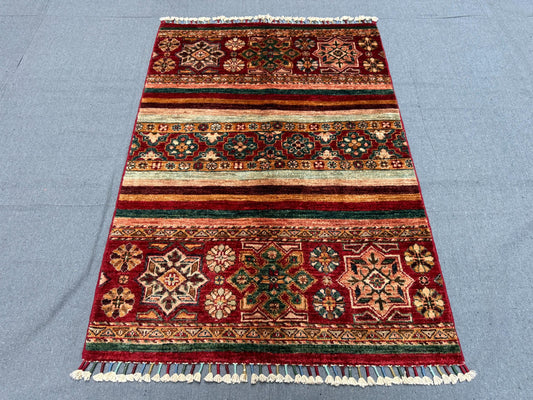 Mini Handmade Multicolor Colorful Red Rug–Vintage-Style Khorjin rug,Handmade Small Oriental Rug – Small Rug for Gift,Small living room rug.