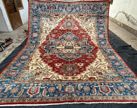 Handmade Heriz Rug,Vintage Heriz Persian Rug,Luxury Persian Heriz Rug,Large Heriz Rug,Hand-Knotted Red and Blue Wool Carpet,Rustic Heriz Rug