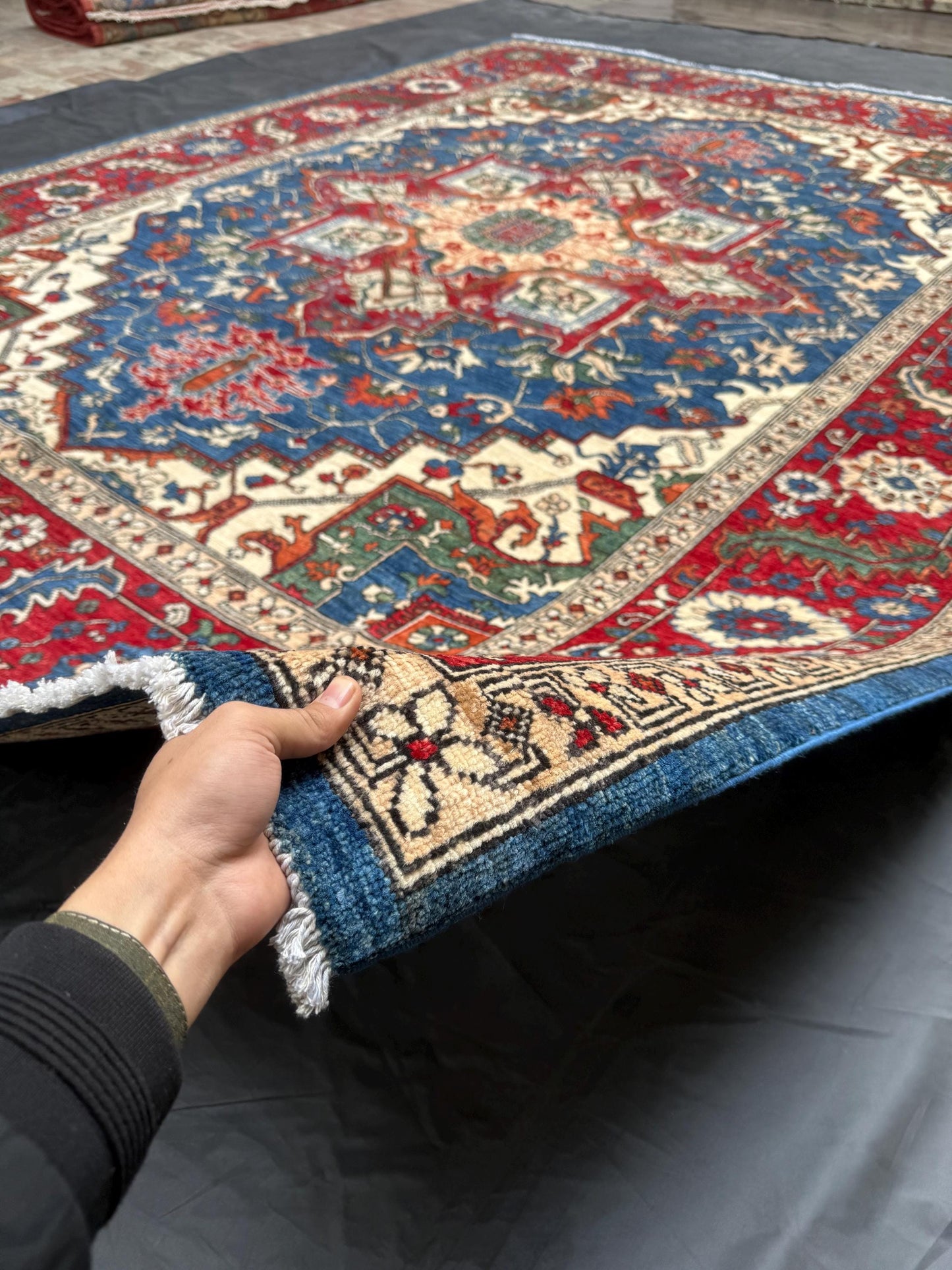 Vintage Handmade Heriz Rug – Persian Wool Area Carpet in Bold Red and Black,9x12 living room oriental rug,Large Red Heriz Rug,9x12 area rug