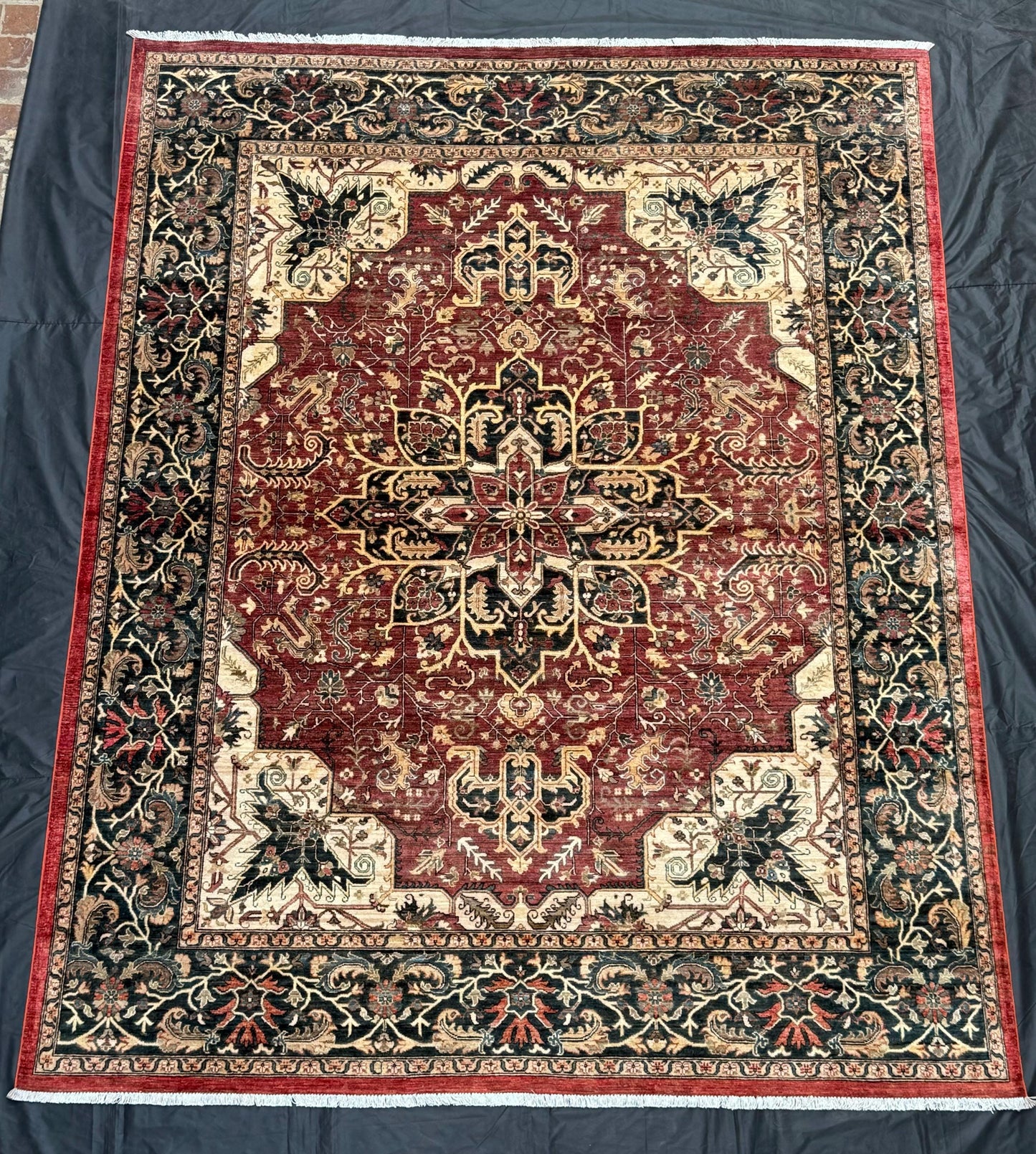 Vintage Handmade Heriz Rug – Persian Wool Area Carpet in Bold Red and Black,9x12 living room oriental rug,Large Red Heriz Rug,9x12 area rug