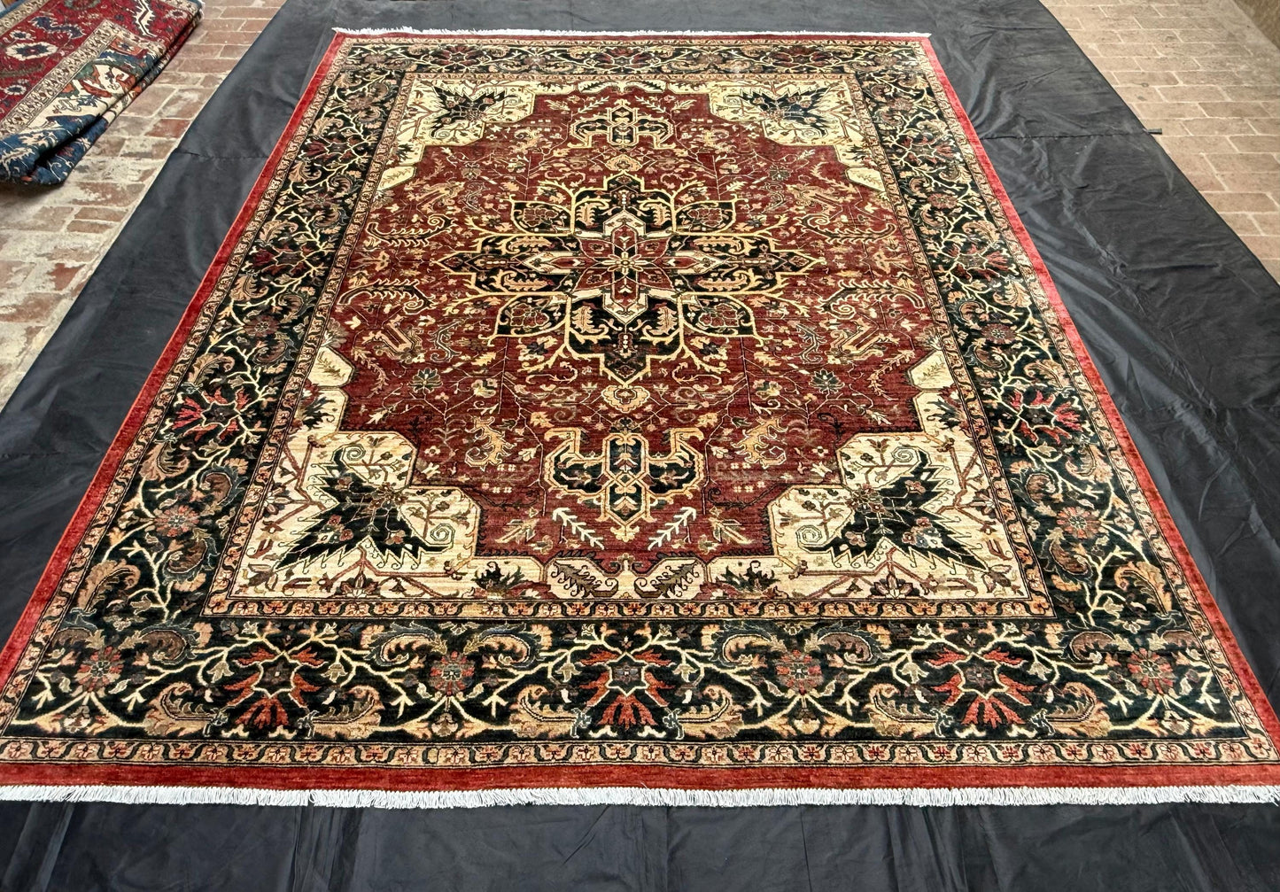 Vintage Handmade Heriz Rug – Persian Wool Area Carpet in Bold Red and Black,9x12 living room oriental rug,Large Red Heriz Rug,9x12 area rug