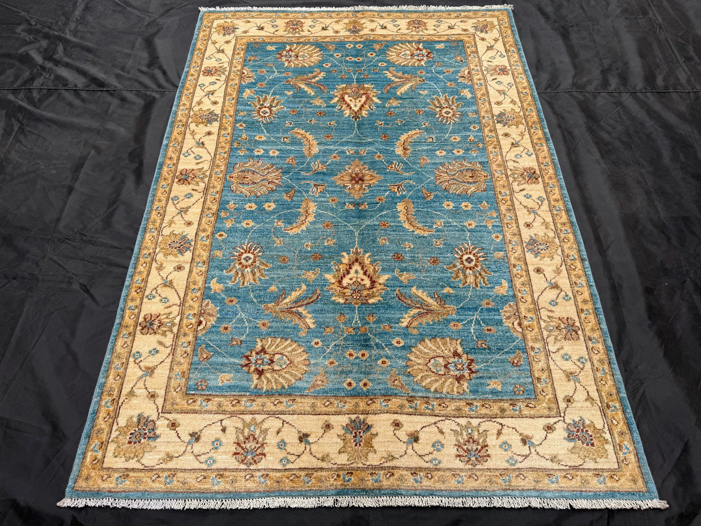 4x5 Chobi Handmade Blue and Beige Floral Rug - Traditional Wool Carpet,Handcrafted Oriental Rug,Floral Area Rug,4x5 rug for living room