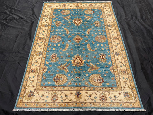 4x5 Chobi Handmade Blue and Beige Floral Rug - Traditional Wool Carpet,Handcrafted Oriental Rug,Floral Area Rug,4x5 rug for living room