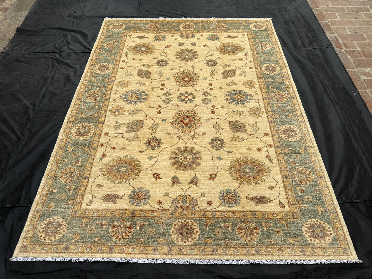 6x8 Handmade Chobi Rug-Beige and Green Wool Carpet with Floral Design,Traditional 6x8 Handwoven Chobi Rug,Large Beige and Green Chobi Rug