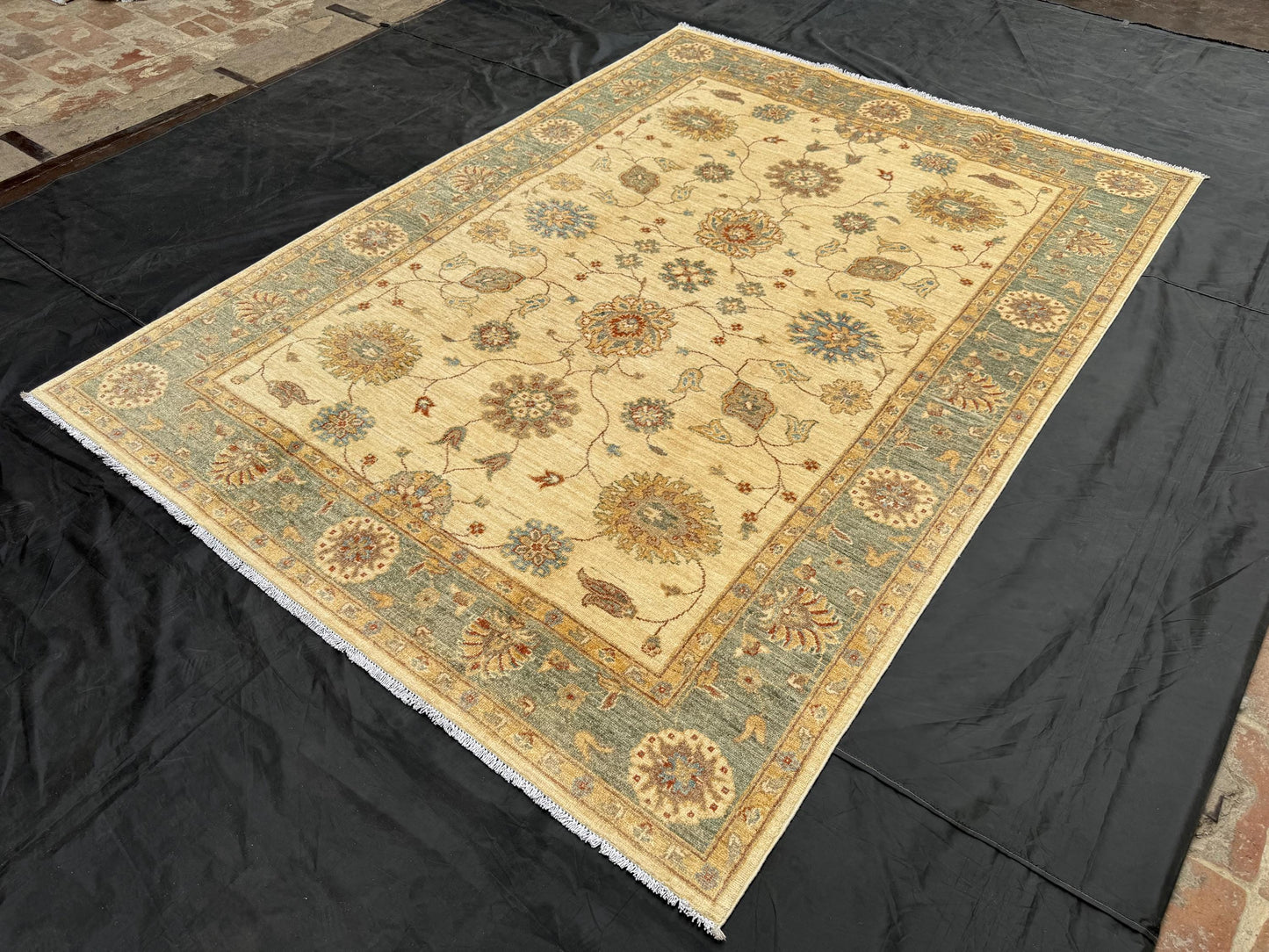 6x8 Handmade Chobi Rug-Beige and Green Wool Carpet with Floral Design,Traditional 6x8 Handwoven Chobi Rug,Large Beige and Green Chobi Rug