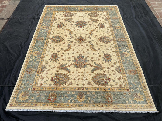 Large 6x8 Chobi Rug,Beige and Green 6x8 Chobi Rug ,Beige and Green Floral Wool Carpet,6x8 living room rug,bedroom rug,6x8 rug for bedroom.