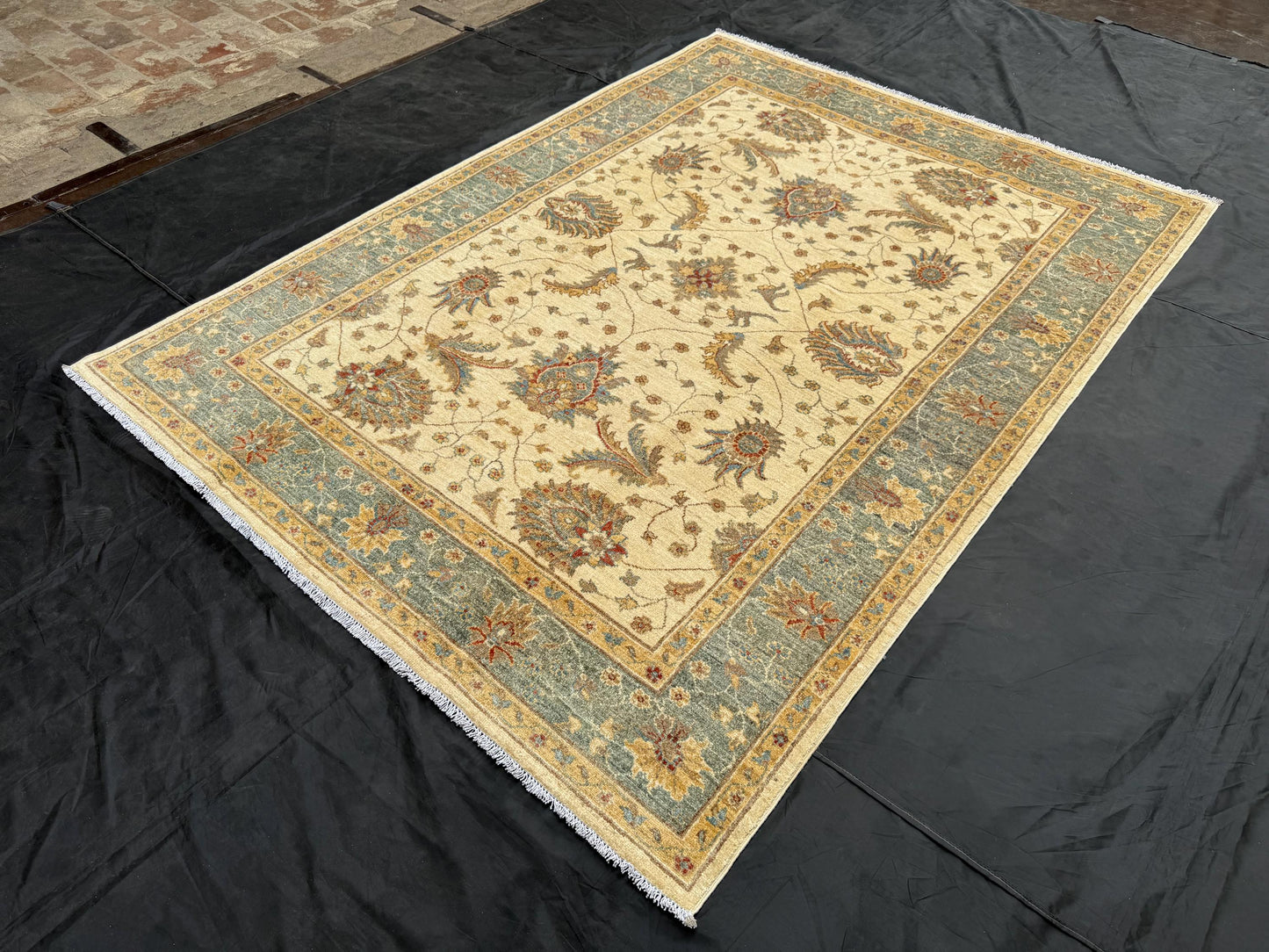 Large 6x8 Chobi Rug,Beige and Green 6x8 Chobi Rug ,Beige and Green Floral Wool Carpet,6x8 living room rug,bedroom rug,6x8 rug for bedroom.