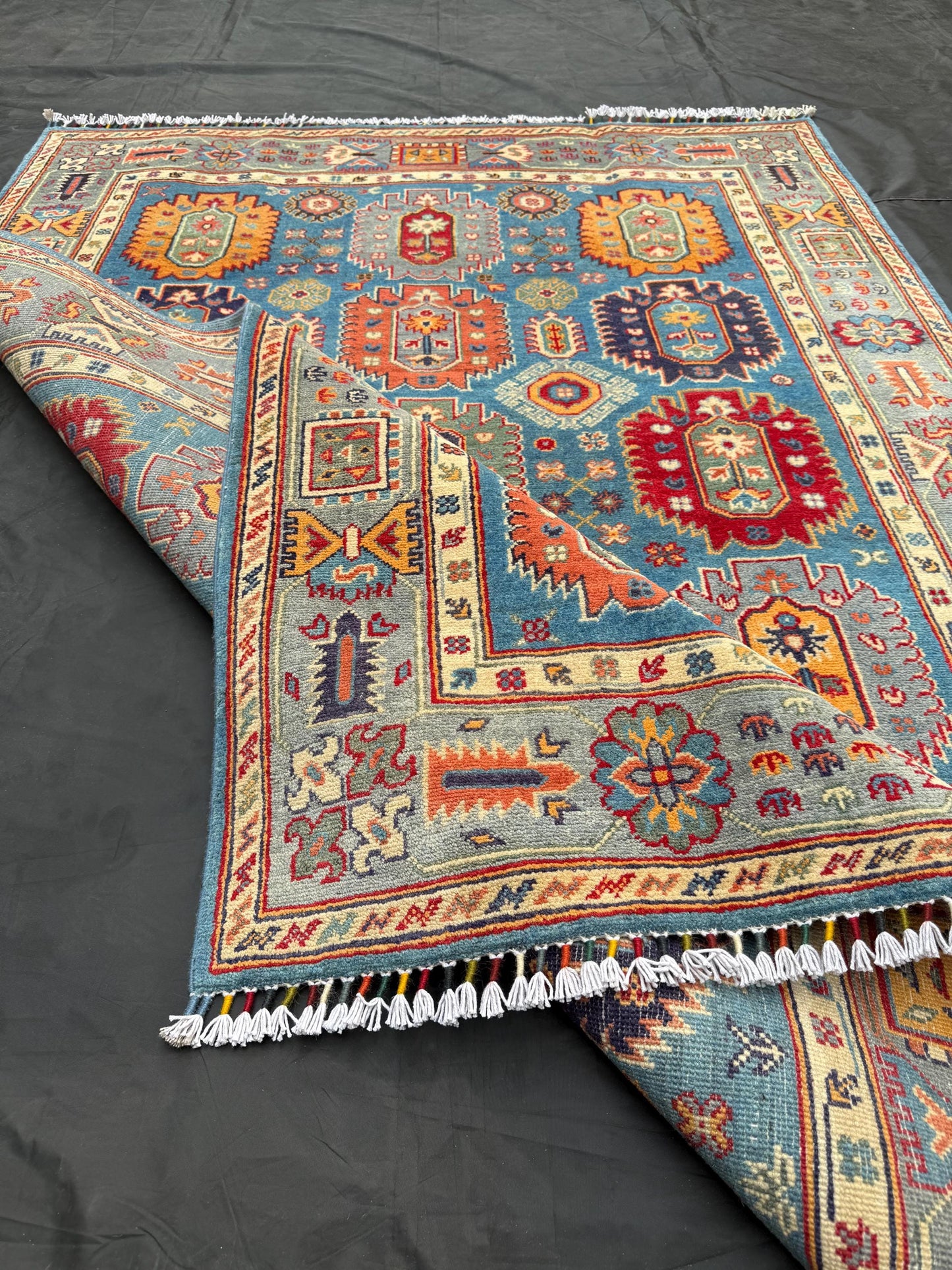 4x6 Handmade Colorful Turkish Kazakh Area Rug - Blue, Red, and Orange Tribal Carpet,Blue,Red,Orange Oriental Rug,Boho Chic Handmade Rug.