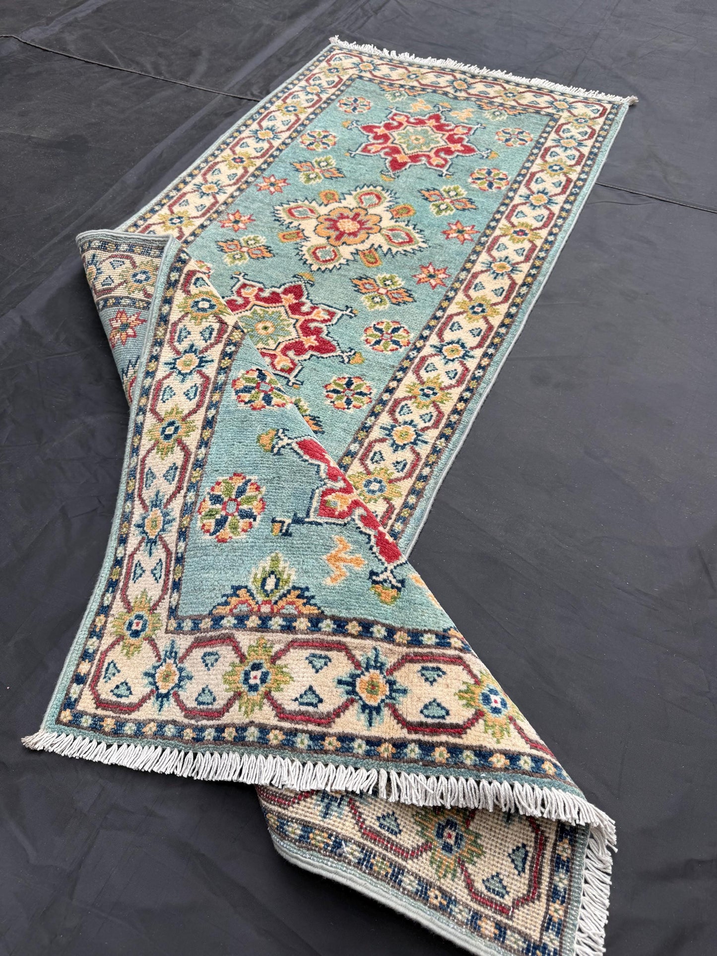 Aqua Blue Turkish Runner Rug–Hand-Knotted Wool rug for Hallways,Handmade Small Turkish Rug,Bohemian Turkish Runner Rug,Turkish Blue Runner