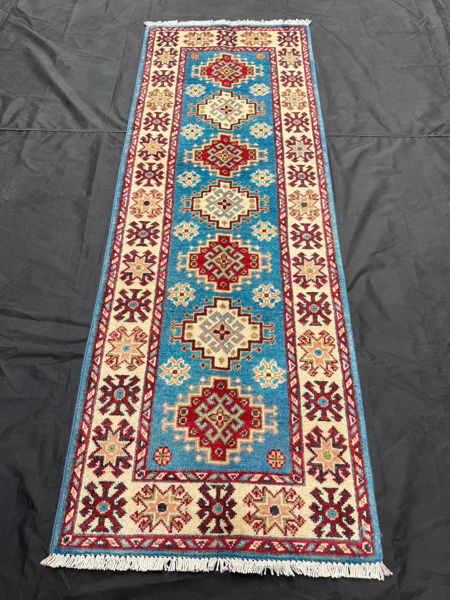 Blue & Red Turkish Runner Rug,Authentic Turkish-Kazakh Runner Rug,Runner for hallway,Blue Small runner rug,Oriental runner rug.