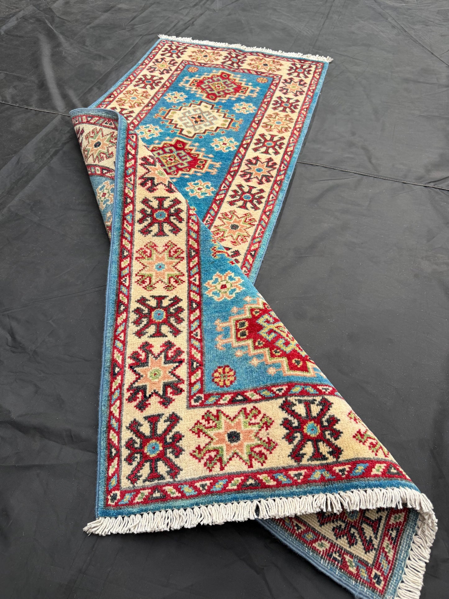 Blue & Red Turkish Runner Rug,Authentic Turkish-Kazakh Runner Rug,Runner for hallway,Blue Small runner rug,Oriental runner rug.