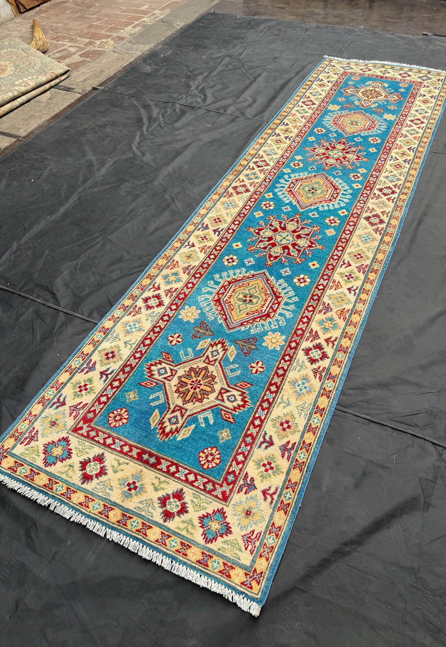 Handmade Blue Turkish-Kazakh Runner Rug,Hand-Knotted Rug for Hallways and Entryways,Boho Handmade Runner Rug – Blue and Red Turkish Wool rug