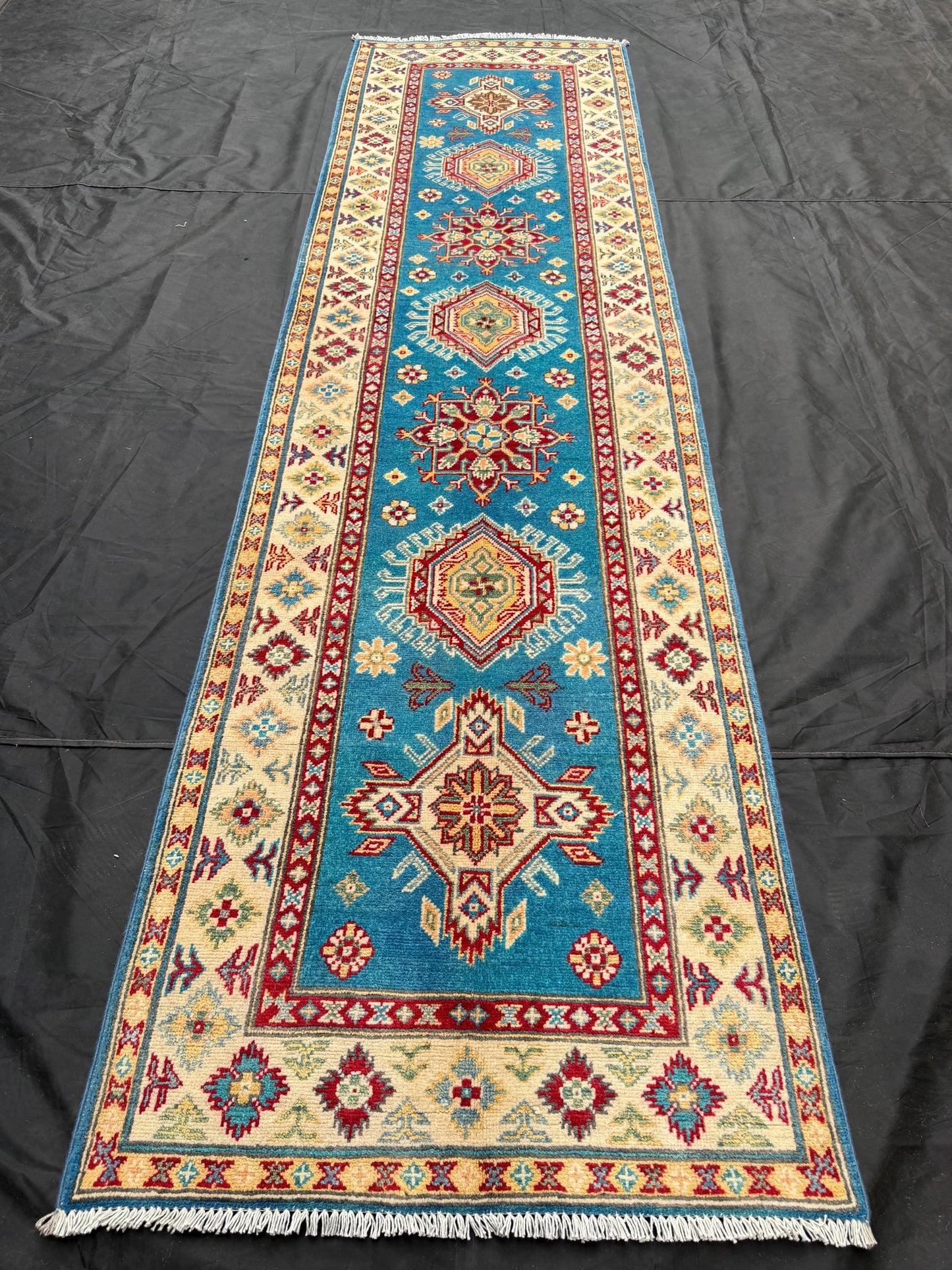 Handmade Blue Turkish-Kazakh Runner Rug,Hand-Knotted Rug for Hallways and Entryways,Boho Handmade Runner Rug – Blue and Red Turkish Wool rug