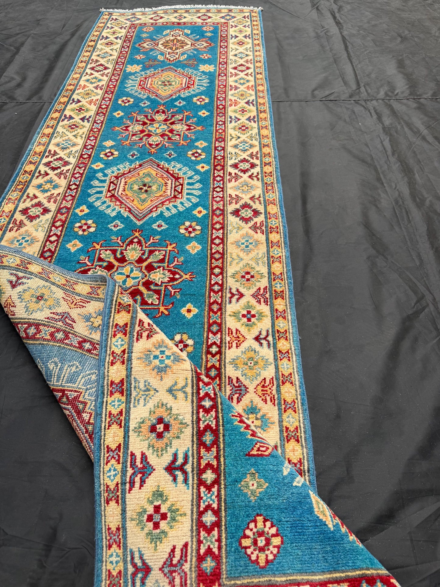 Handmade Blue Turkish-Kazakh Runner Rug,Hand-Knotted Rug for Hallways and Entryways,Boho Handmade Runner Rug – Blue and Red Turkish Wool rug