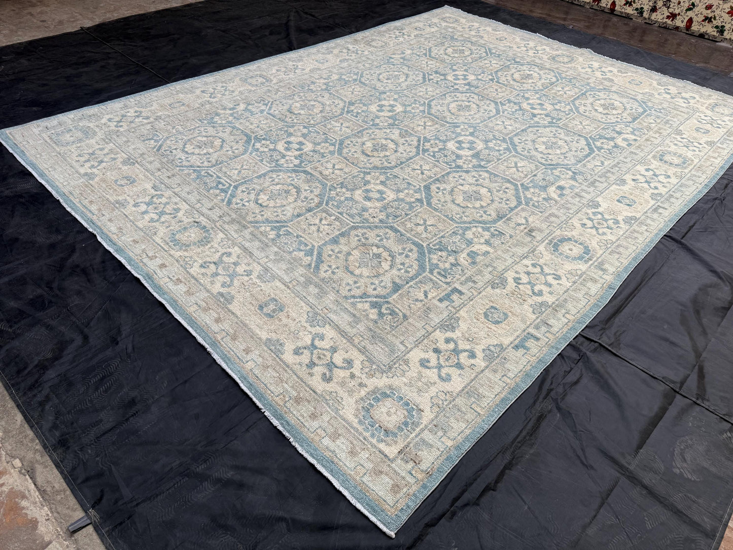 9x12 Soft Turkish Blue Oushak Rug,Modern Handmade,Blue and Cream Handmade Oushak Rug,Pastel Blue Oriental Rug,Neutral Toned Oushak Rug.