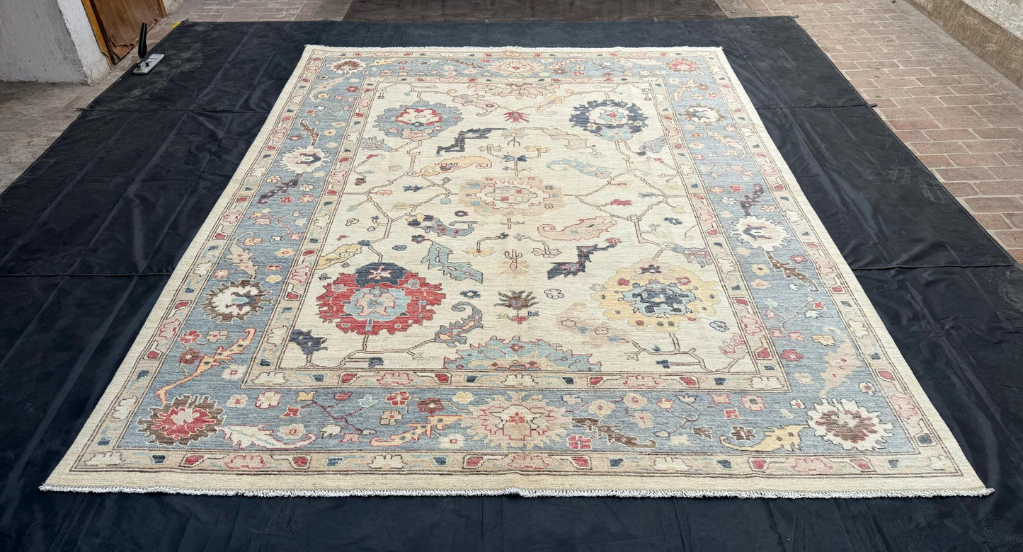 Elegant Blue and Cream Turkish Oushak Rug,Bohemian Floral Oushak Area Rug,Handmade Turkish Carpet with Vintage Charm,8x9 Living room rug.