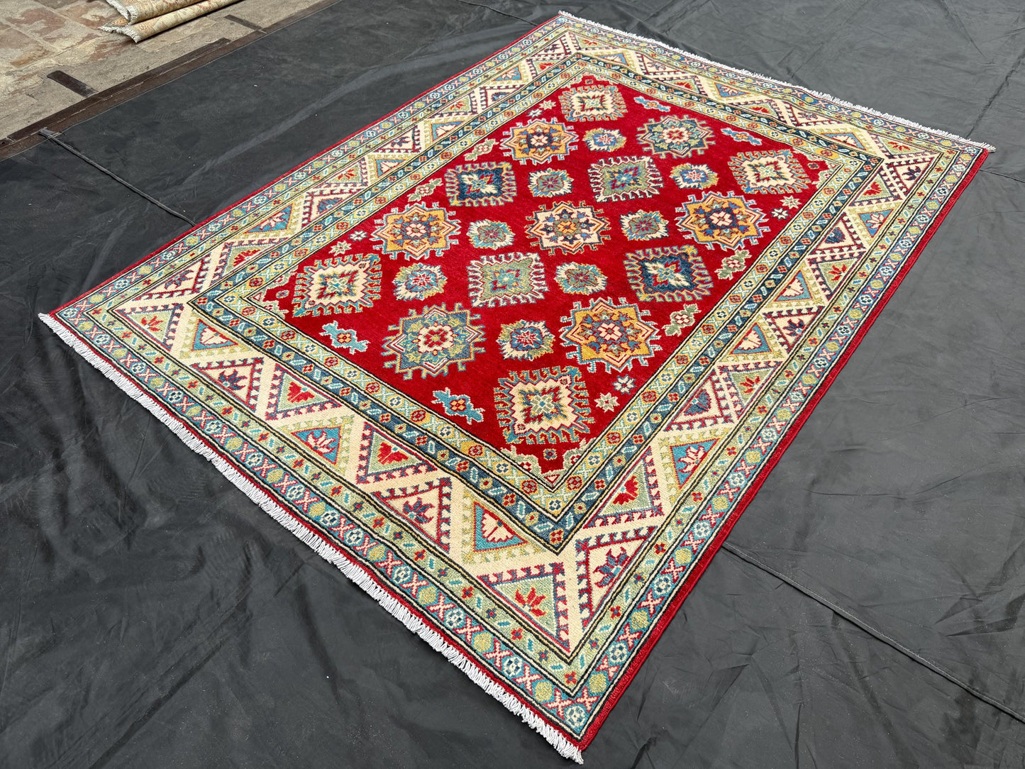 Red and Beige Handmade Rug,Handmade Turkish Oriental Rug,Kazakh Design living room rug,Bedroom rug,5x7 rug for living room,Afghan Rug