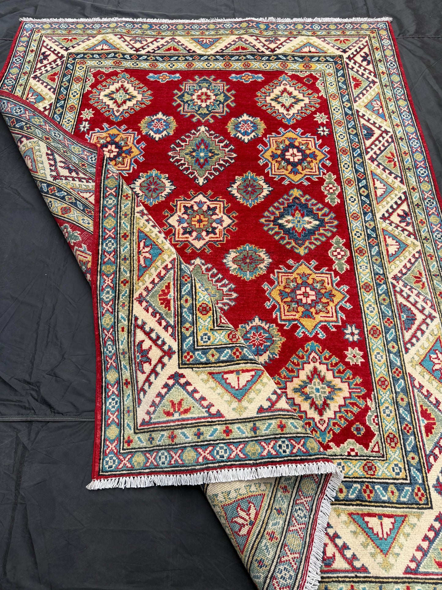 Red and Beige Handmade Rug,Handmade Turkish Oriental Rug,Kazakh Design living room rug,Bedroom rug,5x7 rug for living room,Afghan Rug