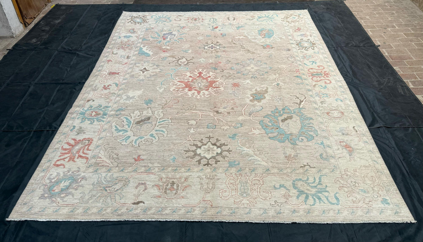 9x11 Vintage-Inspired Oushak Rug,Modern Handmade Soft Pink,Blue and Cream Oushak Rug,Pastel Blue Oriental Rug,Neutral Toned Oushak Rug.