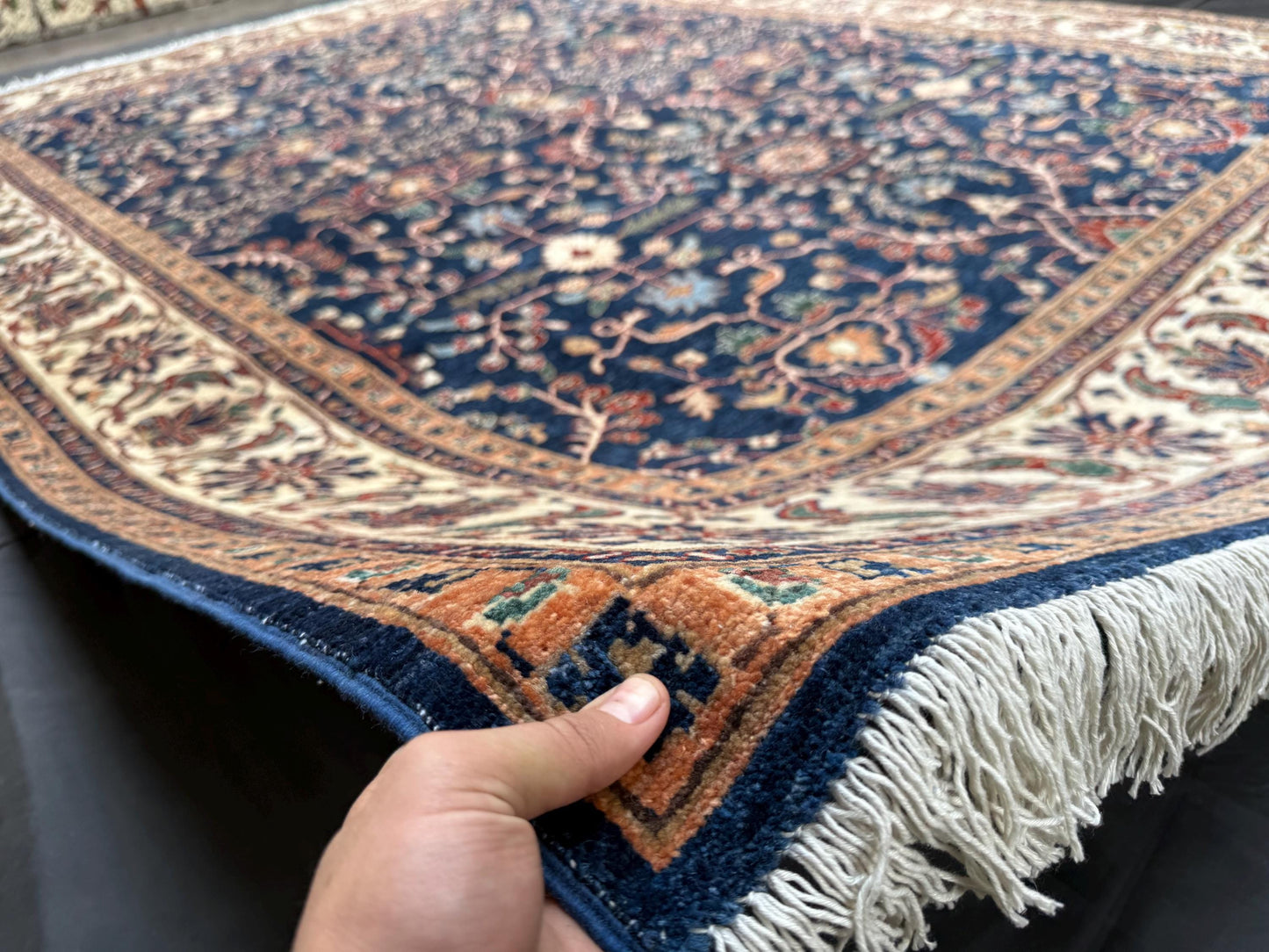 Handmade Chobi Rug -Elegant Navy Blue and Cream Wool Carpet with Floral Design,Handmade Persian Style Chobi RugNavy Blue and Beige Chobi Rug