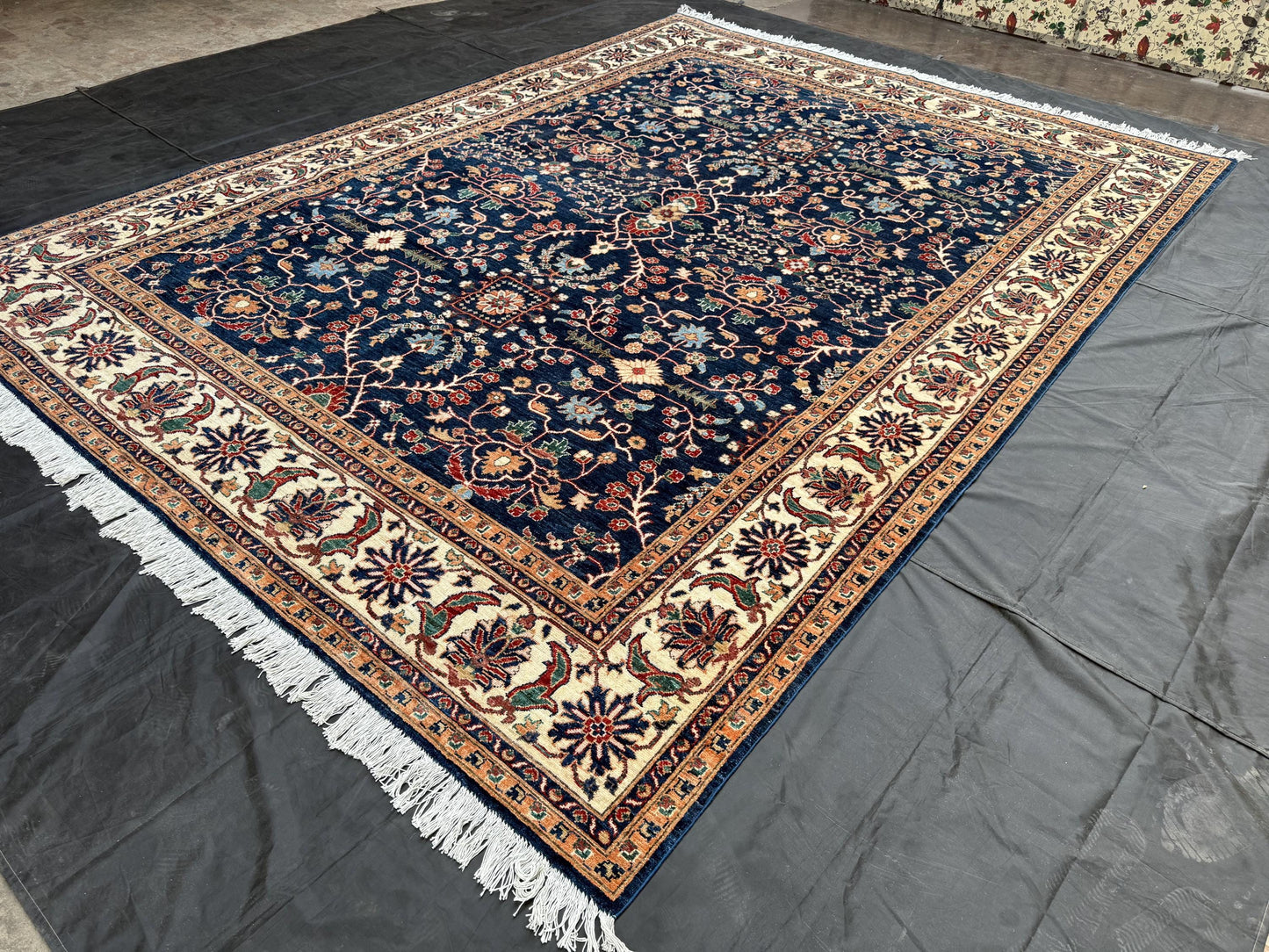 Handmade Chobi Rug -Elegant Navy Blue and Cream Wool Carpet with Floral Design,Handmade Persian Style Chobi RugNavy Blue and Beige Chobi Rug