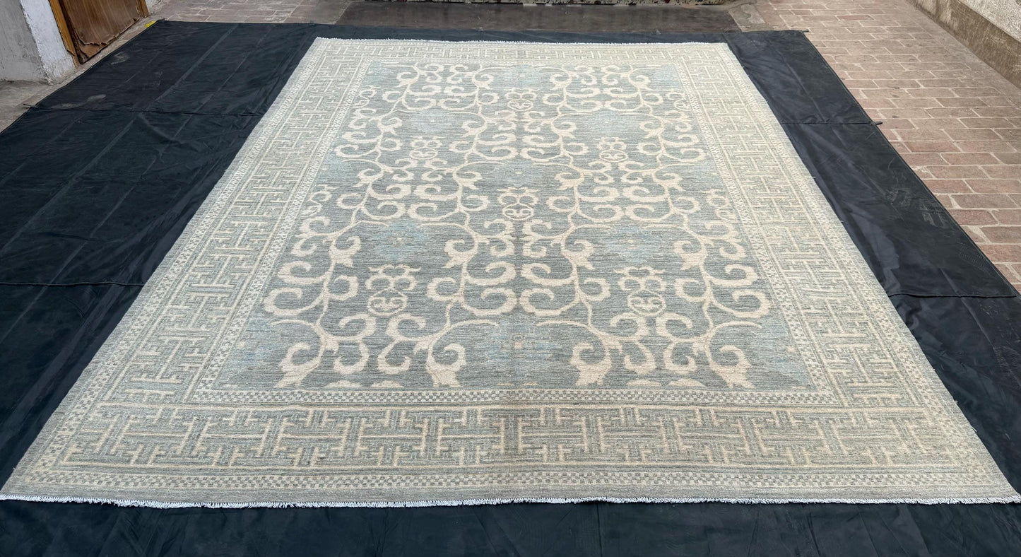 Unique Modern Handmade Blue Khotan Area Rug,Large Neutral Khotan Rug,Turkish Pastel Blue Cream Beige Living room rug,9x12 Living room rug.