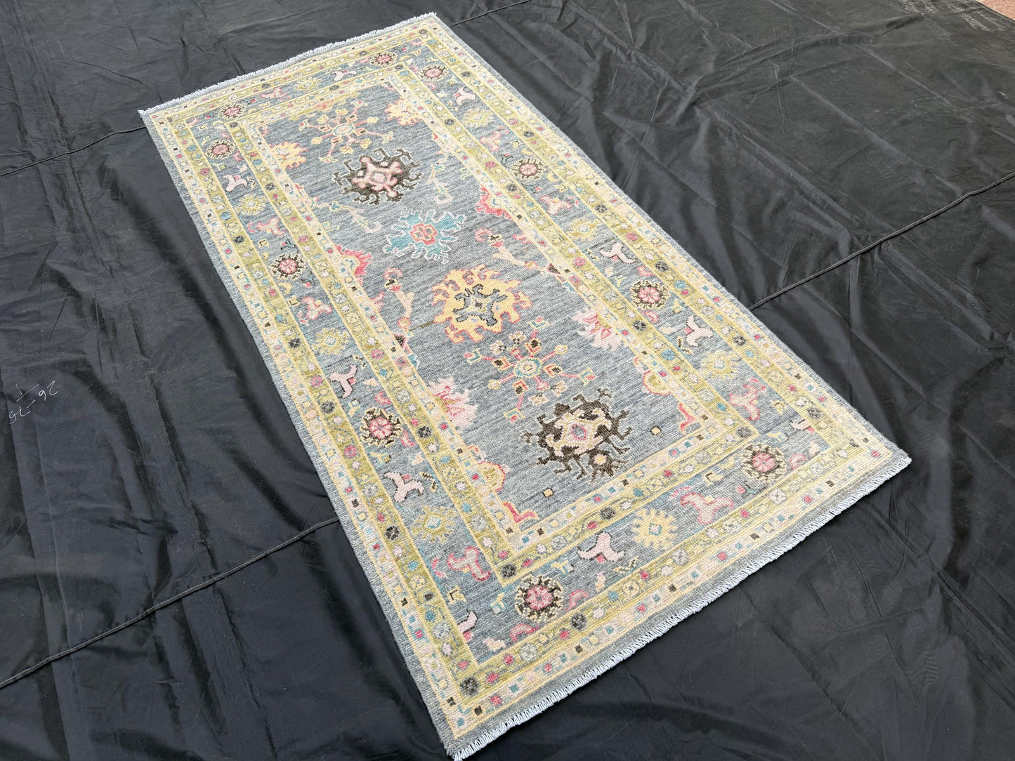 Handmade Oushak Rug - Elegant Blue and Yellow Wool Carpet with Vintage Floral Design,Handmade Turkish Wool Carpet in Blue and Neutral Tones.