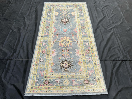 Handmade Oushak Rug - Elegant Blue and Yellow Wool Carpet with Vintage Floral Design,Handmade Turkish Wool Carpet in Blue and Neutral Tones.