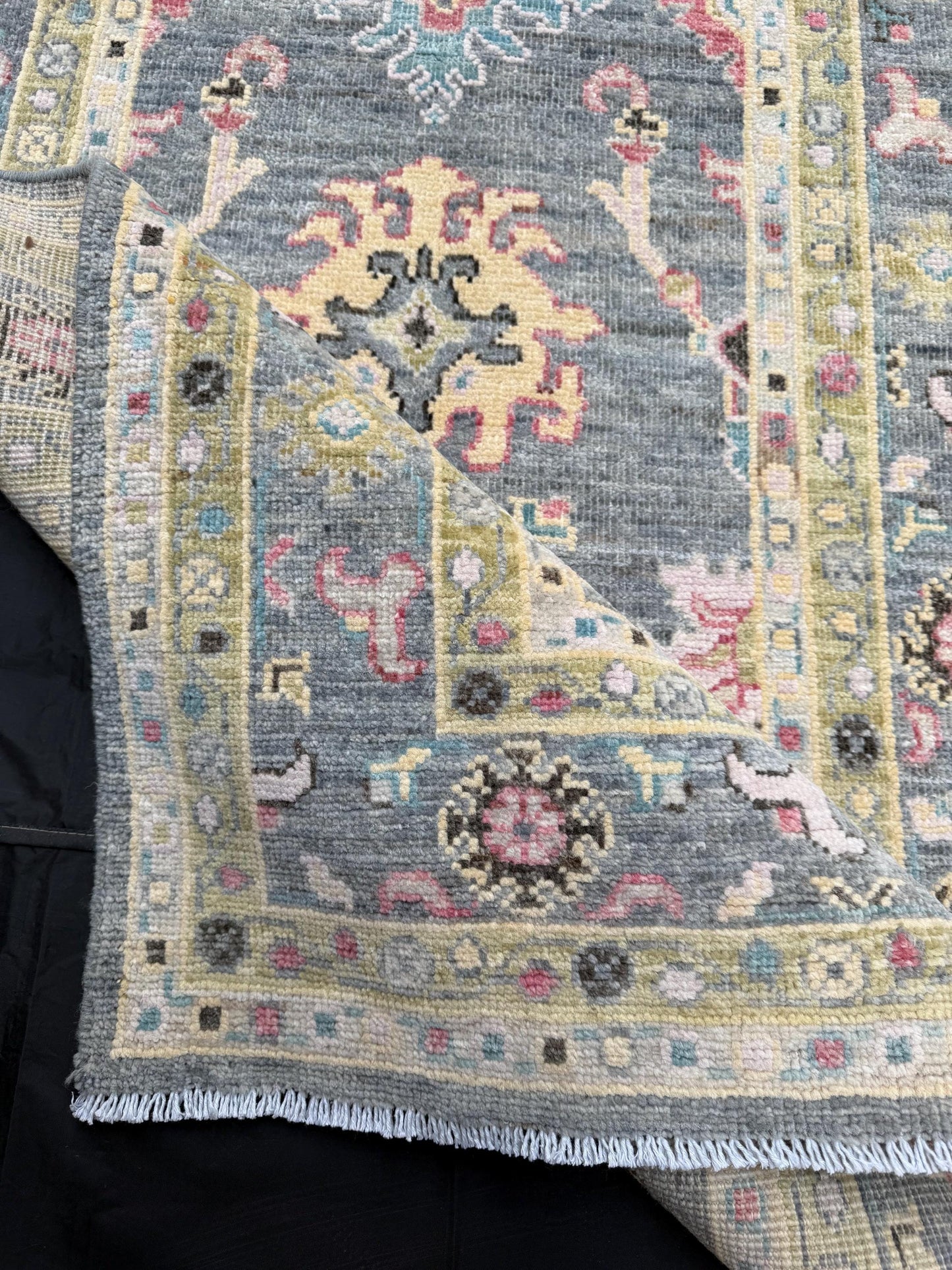 Handmade Oushak Rug - Elegant Blue and Yellow Wool Carpet with Vintage Floral Design,Handmade Turkish Wool Carpet in Blue and Neutral Tones.