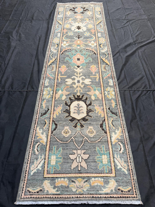 10 ft Turkish Vintage-Style Oushak Runner Rug,Contemporary Oushak Runner Rug,Soft Gray blue Beige runner rug,3x10 Hallway Blue runner rug.