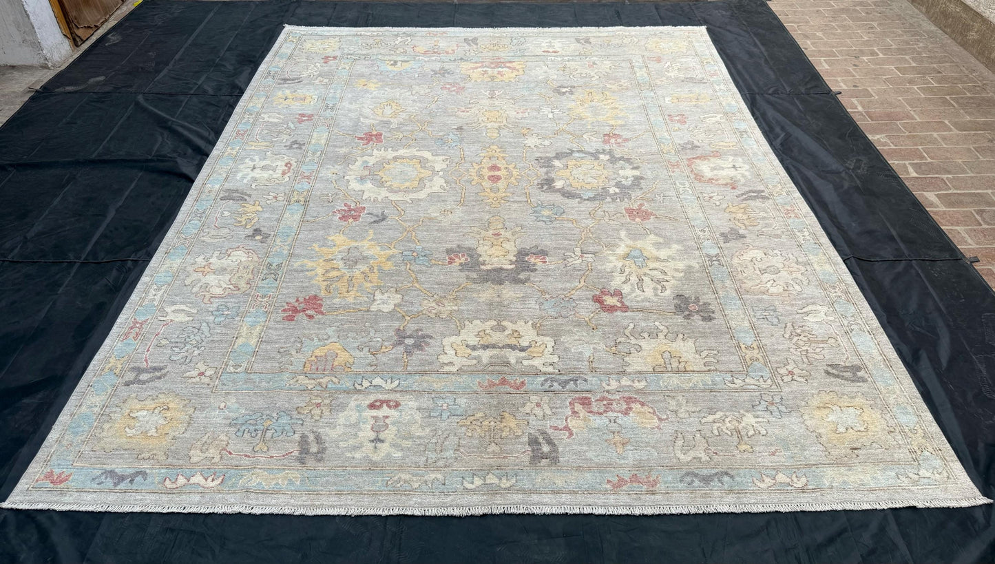 9x11 Durable Handmade Turkish Oushak Rug,Modern Blue Gray and Cream Handmade Oushak Rug,Pastel Colors Oriental Rug,Neutral Toned Oushak Rug.