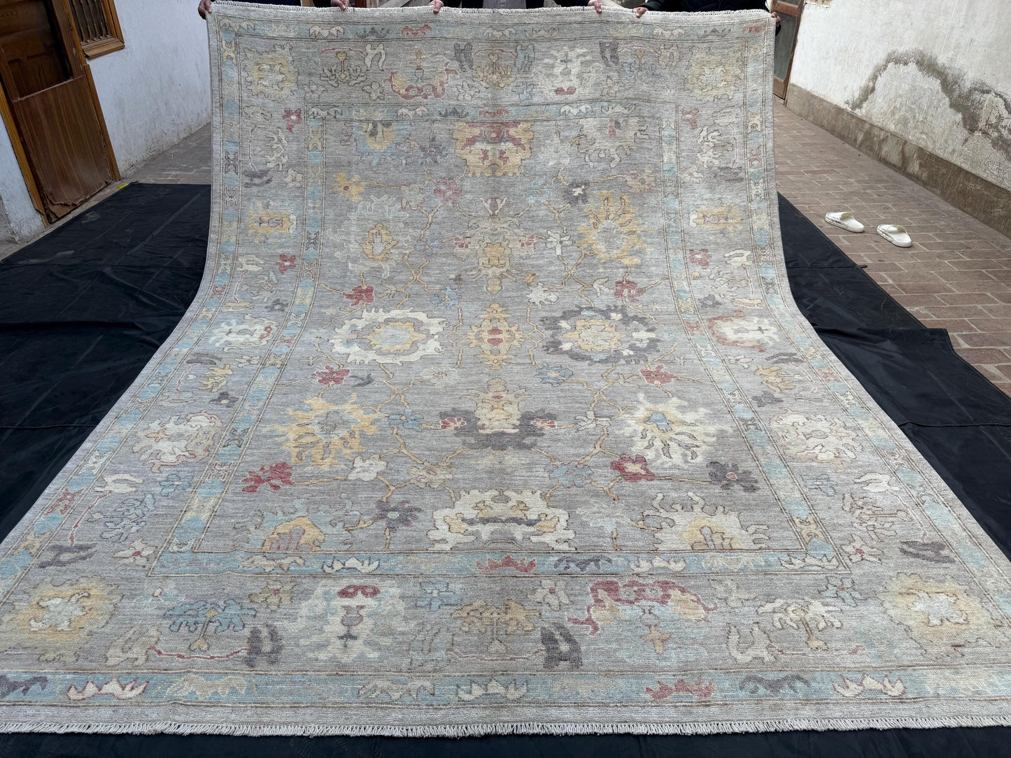 9x11 Durable Handmade Turkish Oushak Rug,Modern Blue Gray and Cream Handmade Oushak Rug,Pastel Colors Oriental Rug,Neutral Toned Oushak Rug.