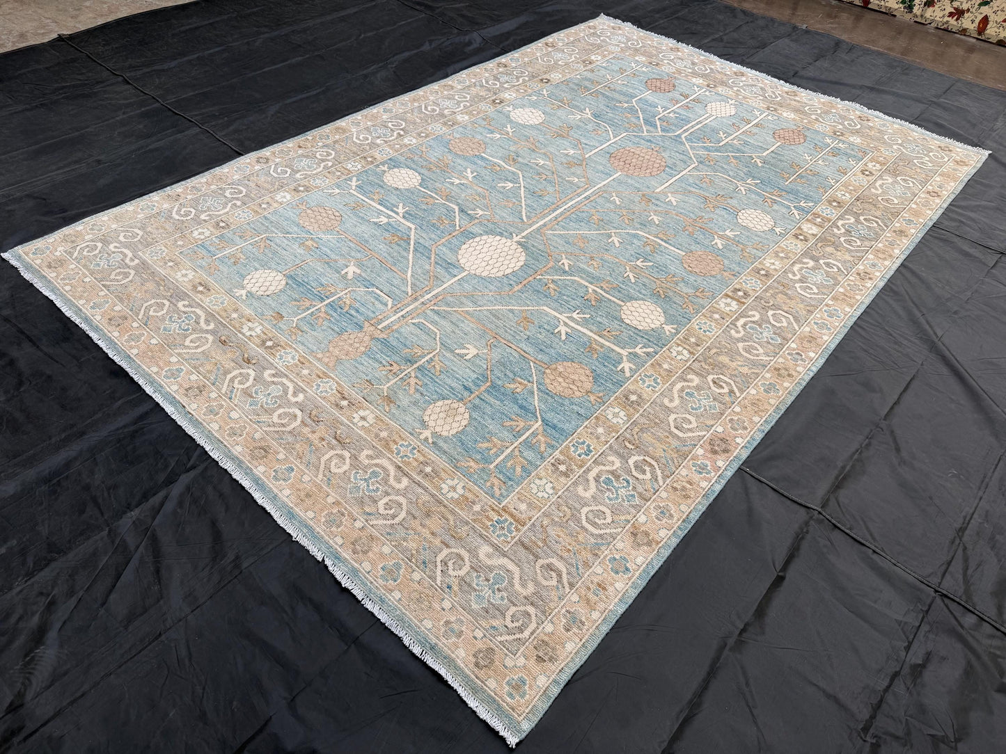 Artisan Made Modern Hand-Knotted Blue Khotan Area Rug,7x10 Neutral Khotan Rug,Turkish Pastel Blue Living room rug,7x10 Living room rug.