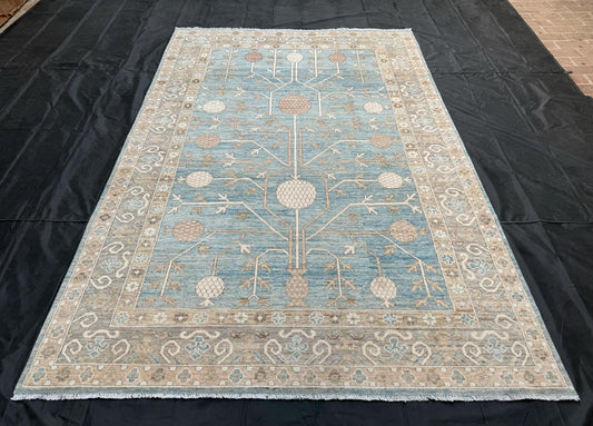 Artisan Made Modern Hand-Knotted Blue Khotan Area Rug,7x10 Neutral Khotan Rug,Turkish Pastel Blue Living room rug,7x10 Living room rug.