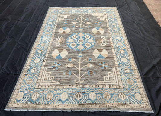 6x8 Hand-Knotted Blue Khotan Area Rug,6x8 Neutral Handmade blue living room Rug,Rustic Contemporary Living room rug,6x8 Living room rug.