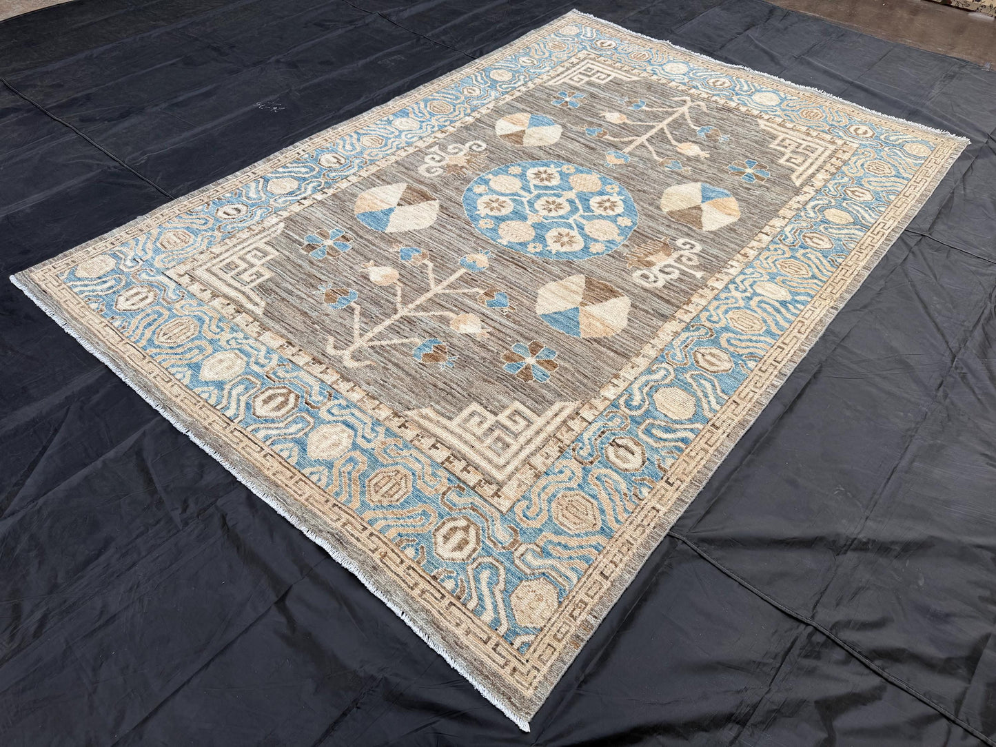 6x8 Hand-Knotted Blue Khotan Area Rug,6x8 Neutral Handmade blue living room Rug,Rustic Contemporary Living room rug,6x8 Living room rug.