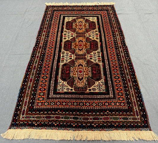 Bohemian Handmade Rug–Traditional Baluch Wool Carpet with Rich Colors,Authentic Tribal Baluch Rug–Unique Handmade Wool rug for Living Room